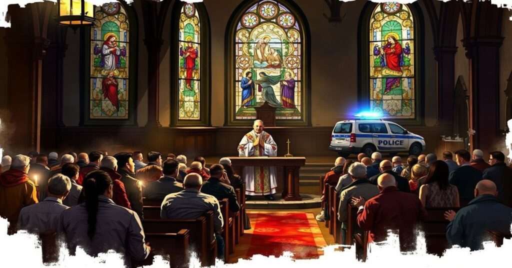 Tradycyjna msza wielkanocna w kościele katolickim z widocznym policyjnym samochodem przez witraże, przedstawiająca napięcie między łaską boską a kontrolą świecką.