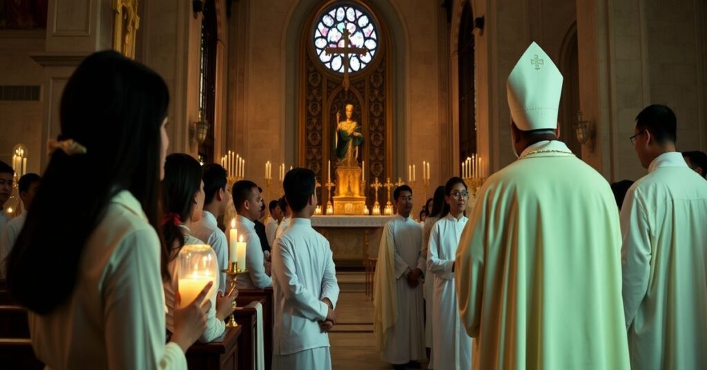 Powrót do tradycji czy fasada modernizmu? Scena w kościele katolickim w Singapurze podczas Wielkanocnego nocnego nabożeństwa.
