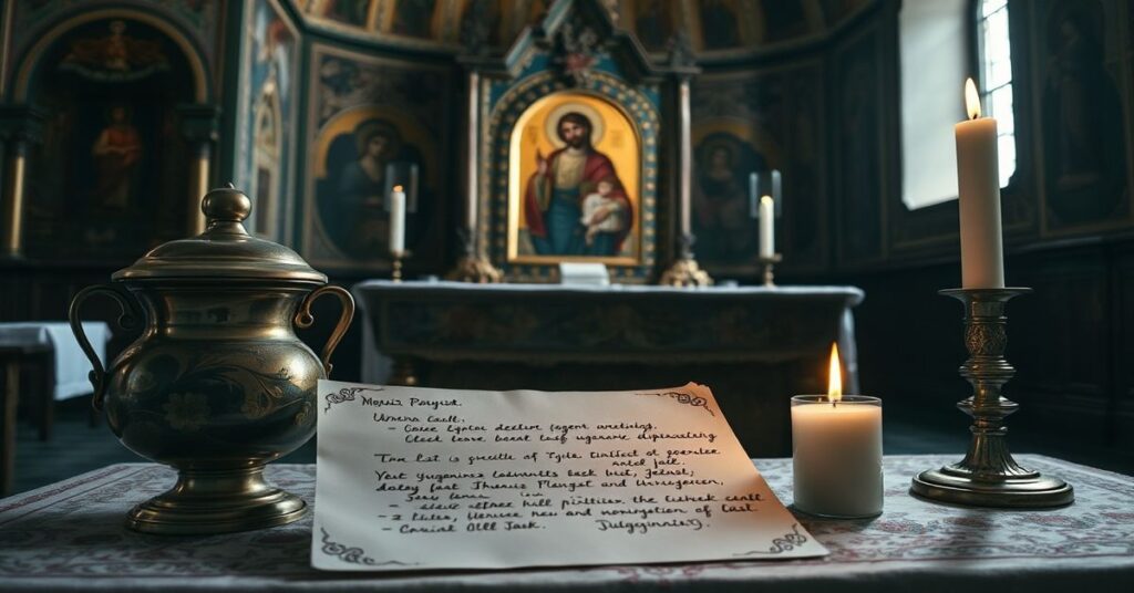 Tradycyjny katolicki ołtarz z ikoną Zmartwychwstania Chrystusa i ukraińskimi motywami ludowymi.