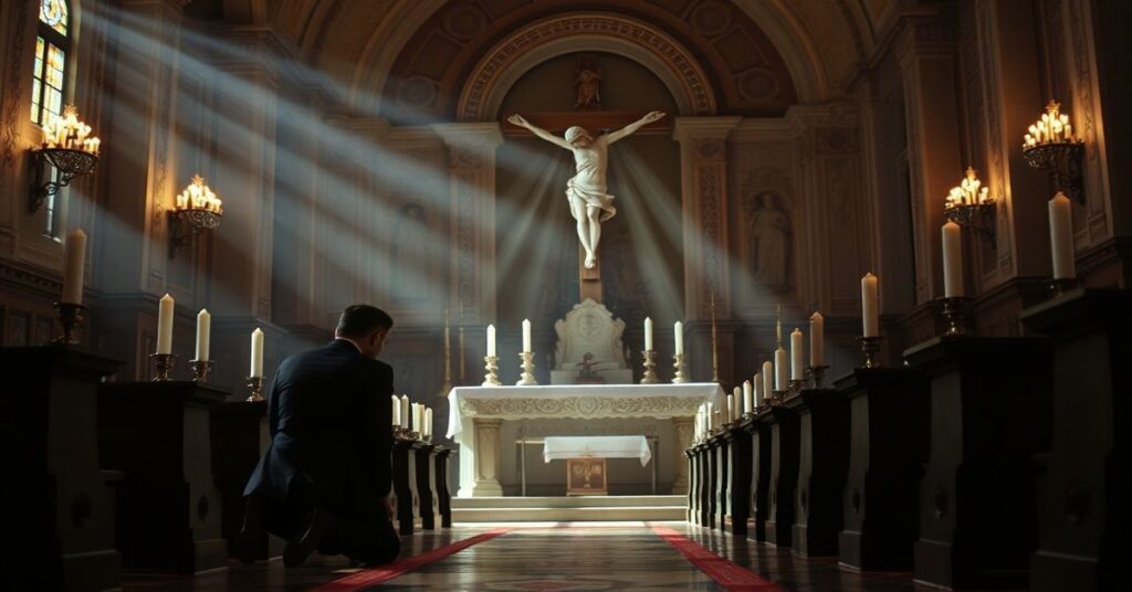 Sobótki Wielkiego Piątku w tradycyjnym kościele katolickim z modlącej się mężczyzną przed krzyżem