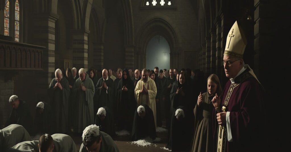 Tradycyjne katolickie obchody Wielkiego Postu z kontrastem między ascetyzmem a nowoczesnym kapłanem reprezentującym redukcję pokuty.