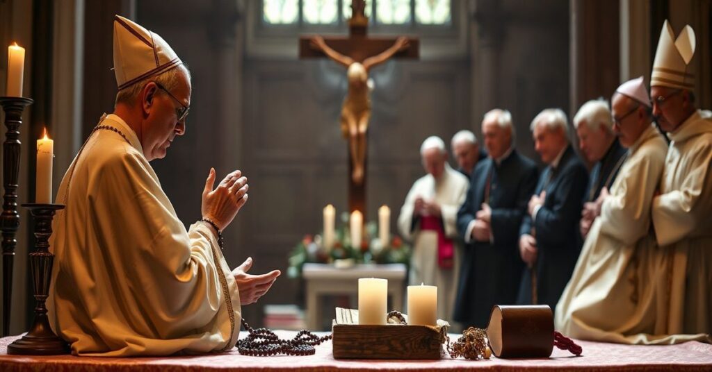 Tradycyjny katolicki pokutnik modli się przed krzyżem w kontrastowi z nowoczesnymi ekumenicznymi gospodarzami