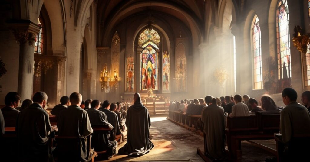Wnętrze kościoła podczas Wielkiego Postu z tradycyjną mszą łacińską i wiernymi modlącymi się.