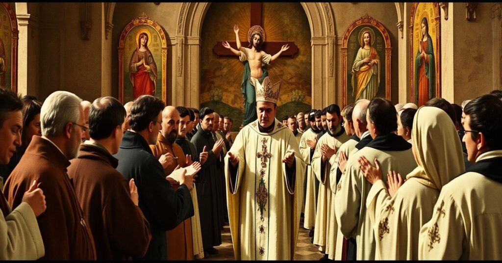 Scena wielkopostna przedstawiająca tradycyjny katolicki procesję pokutną z kapłanem i wiernymi w modlitwie przed królem.