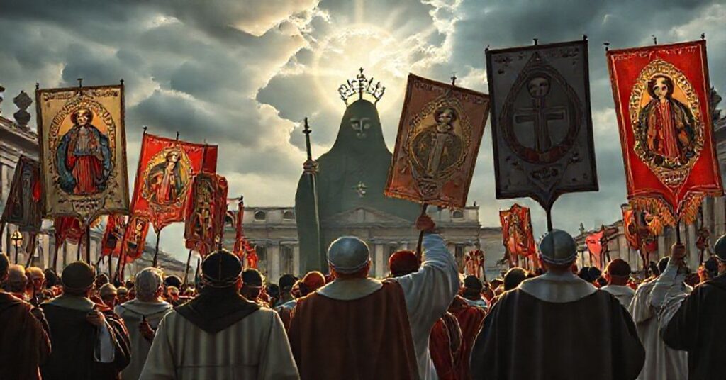 Procesja katolicka z tradycyjnymi banerami Matki Bożej jako Współodkupicielki i Pосредника Wszystkich Łask w obliczu modernistycznego Watykanu