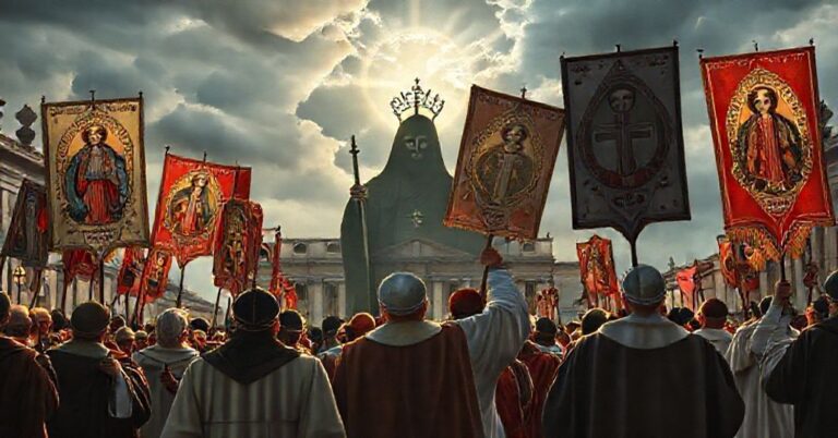 Procesja katolicka z tradycyjnymi banerami Matki Bożej jako Współodkupicielki i Pосредника Wszystkich Łask w obliczu modernistycznego Watykanu