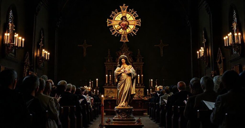 Obraz przedstawiający wiernych katolickich modlących się w tradycyjnym wnętrzu kościoła z elementami ikonografii katolickiej.