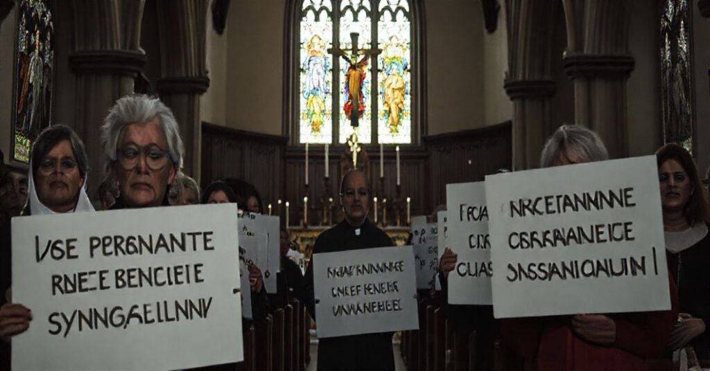 Grupa wiernych katolickich protestuje przeciwko koncertowi muzyki synagogalnej w kościele, podkreślając świętość sanktuarium.