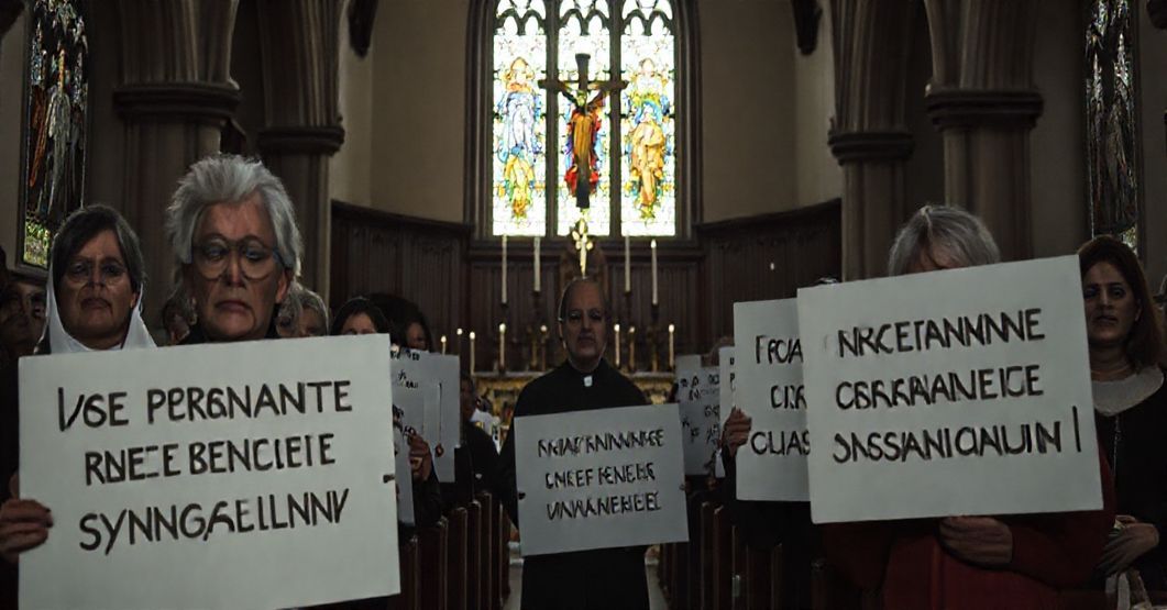 Grupa wiernych katolickich protestuje przeciwko koncertowi muzyki synagogalnej w kościele, podkreślając świętość sanktuarium.