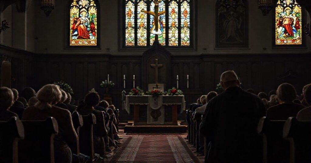 Wierni katolicy modlący się w tradycyjnym koście z troskliwymi twarzami w tle pustego ambony, symbolizując braku prawdziwych pasterzy.
