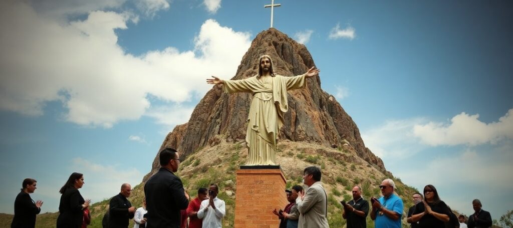 Grupa wiernych katolików modli się i protestuje u stóp Góry Cristo Rey w Nowym Meksyku przeciwko zabraniu ziemi przez rząd USA na mur graniczny