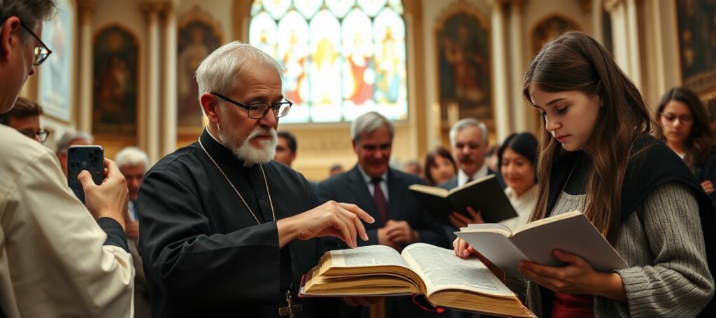 Grupa wiernych katolików w tradycyjnym kościele z otwartą Biblią i księdzem wskazującym na tekst 1 Tes 1,6-10