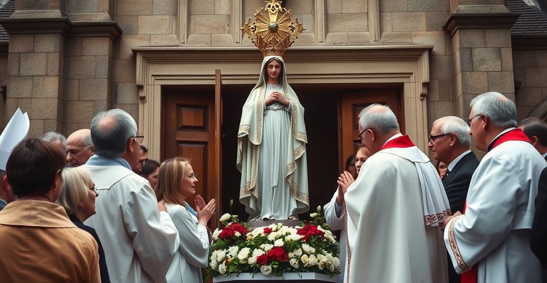 Reverentne skupienie wiernych adorujących prawdziwą figurę Matki Bożej, w tradycyjnym katolickim otoczeniu, podkreślające autentyczność i powagę kultu maryjnego