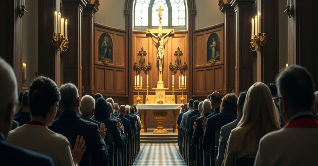Scena w tradycyjnym kościele katolickim podczas Mszy Trydenckiej z wiernymi modlącymi się w atmosferze żalu i rozczarowania.