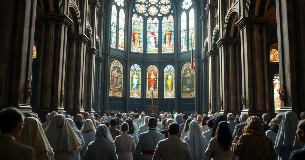 Zdjęcie wiernych w tradycyjnym katolickim stroju modlących się w kościele, symbolizujące wierność i kontrowersje w duchowieństwie