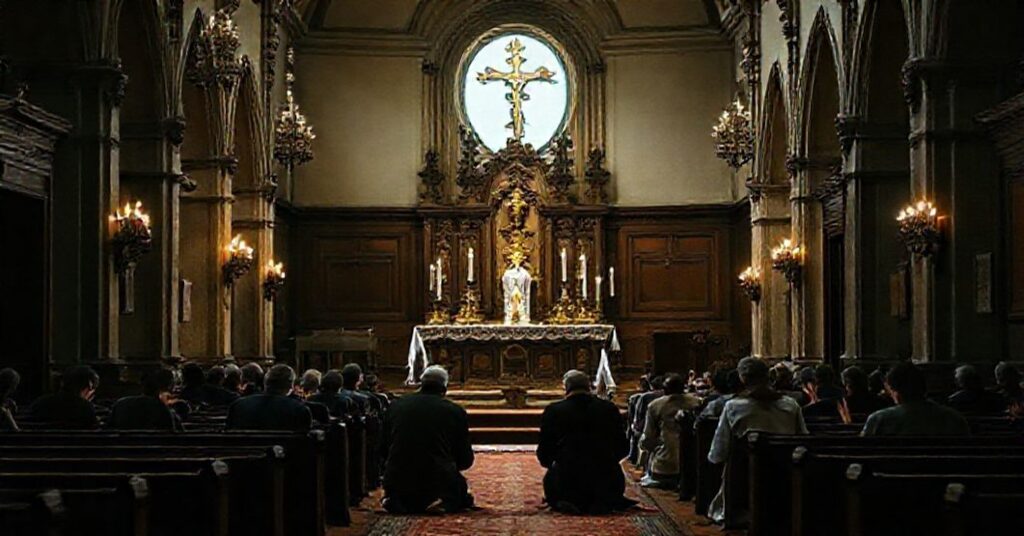 Tradycyjny wnętrze kościoła katolickiego z wiernymi modlącymi się przed ołtarzem, symbolizującymi opór wobec nowoczesnej herezji