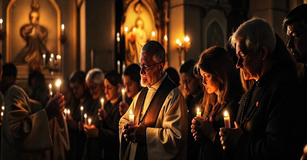 Grupa wiernych modliÄ…ca siÄ™ rÃ³Å¼aÅcem w tradycyjnym koÅciele katolickim przy ÅwietleÅw woskowych. Scena peÅna jest godnego szacunku i duchowego zamiÅowania.