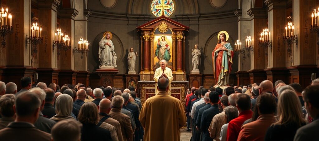 Wierni modlą się w tradycyjnym kościele katolickim podczas homilii o fałszywych objawieniach fatimskich