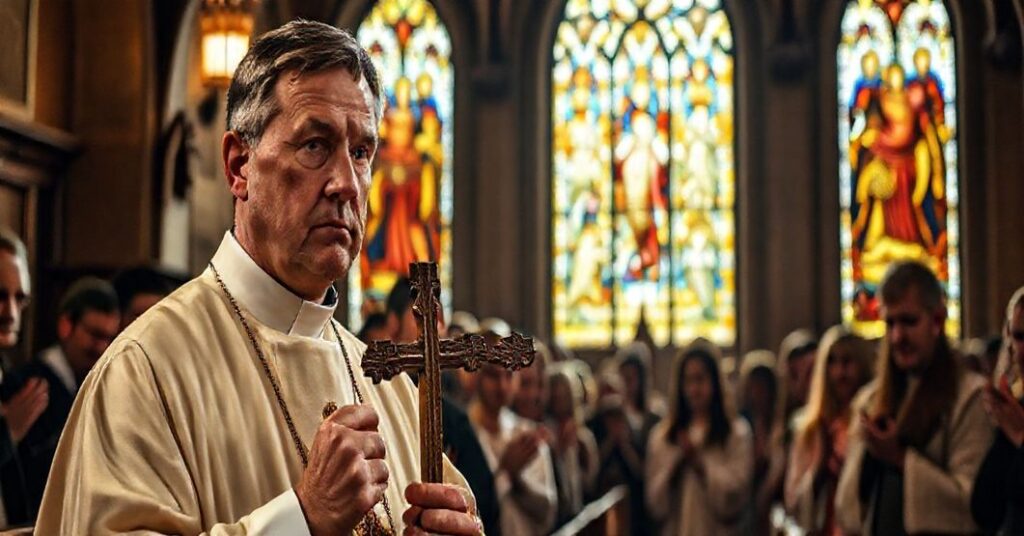 Grupa wiernych modli się w tradycyjnym kościele polskim, z kapłanem trzymającym krzyż, podkreślającym tradycyjne nauki Kościoła w opozycji do nowoczesnych błędów.