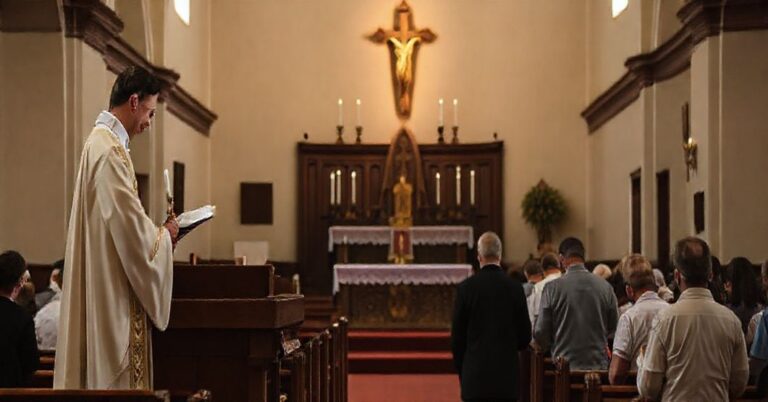 Grupa wiernych modli się w tradycyjnym kościele polskim, z kapłanem trzymającym krzyż, podkreślającym tradycyjne nauki Kościoła w opozycji do nowoczesnych błędów.