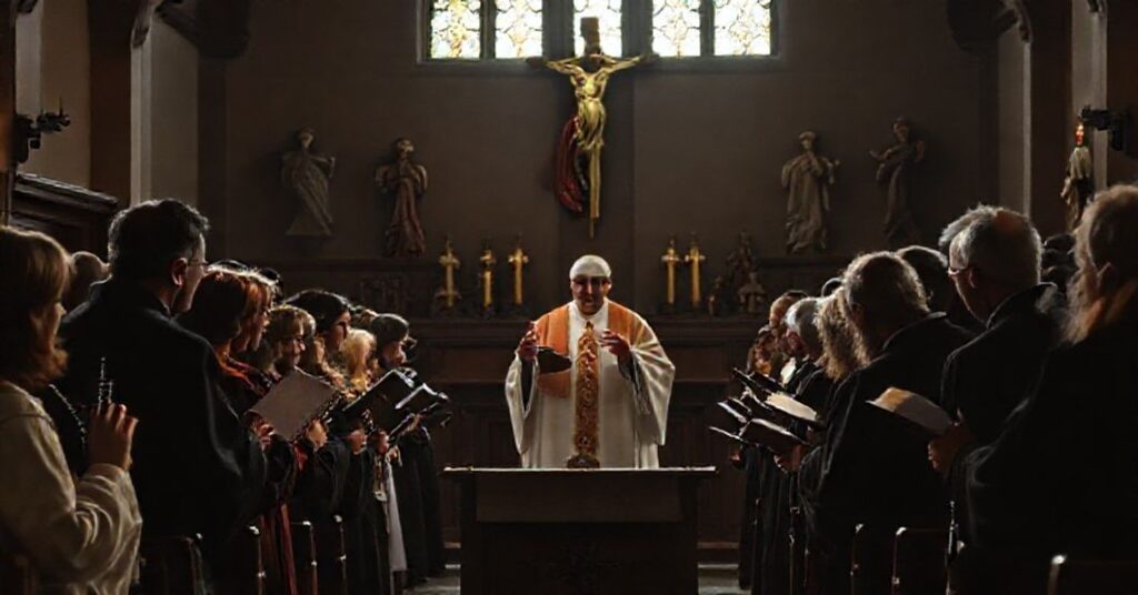 Grupa wiernych słuchających kazania w tradycyjnym kościele katolickim na temat herezji współczesnych biskupów.