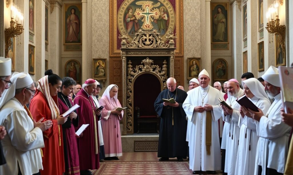 Grupa wiernych katolickich modli się w Watykanie przed pustym tronem papieskim
