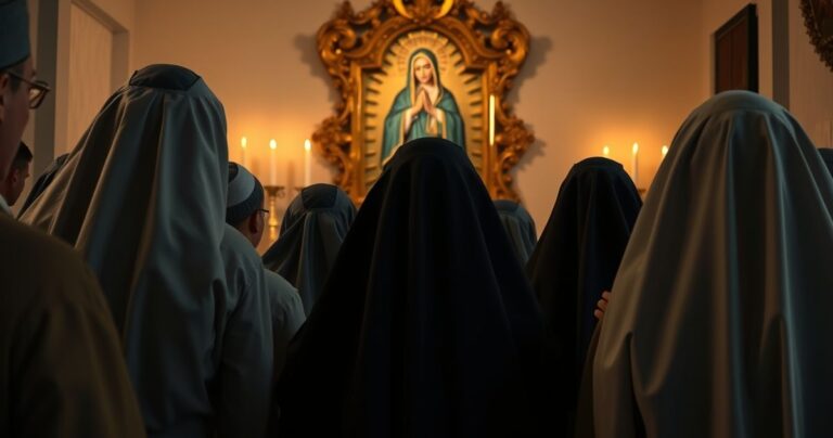Fotografia wiernych katolickich w tradycyjnych strojach pielgrzymkowych, modlących się w sakralnym otoczeniu, ukazująca duchowość i wspólnotę w wierze.
