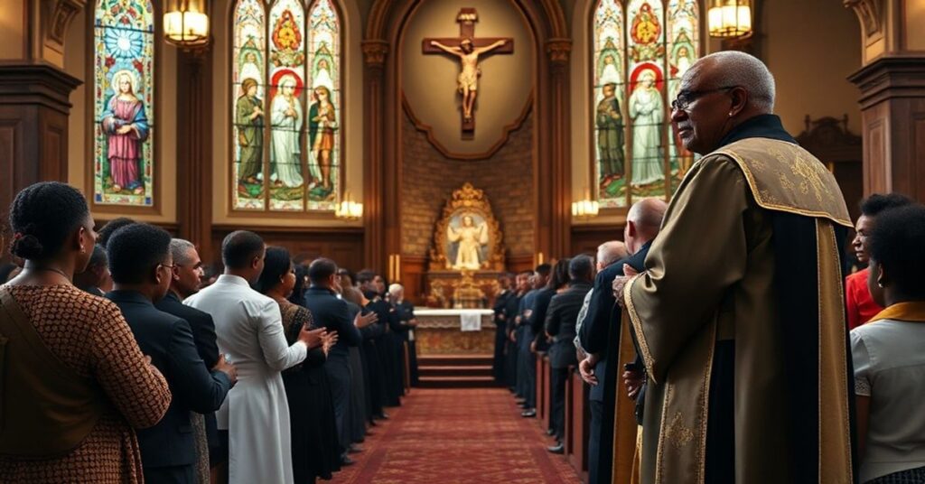 Wnętrze kościoła z grupą wiernych modlących się przed ołtarzem podczas protestu przeciwko "ekskomunice" ogłoszonej przez rzekomego "arcybiskupa" Dabula Mpako w archidiecezji Pretorii