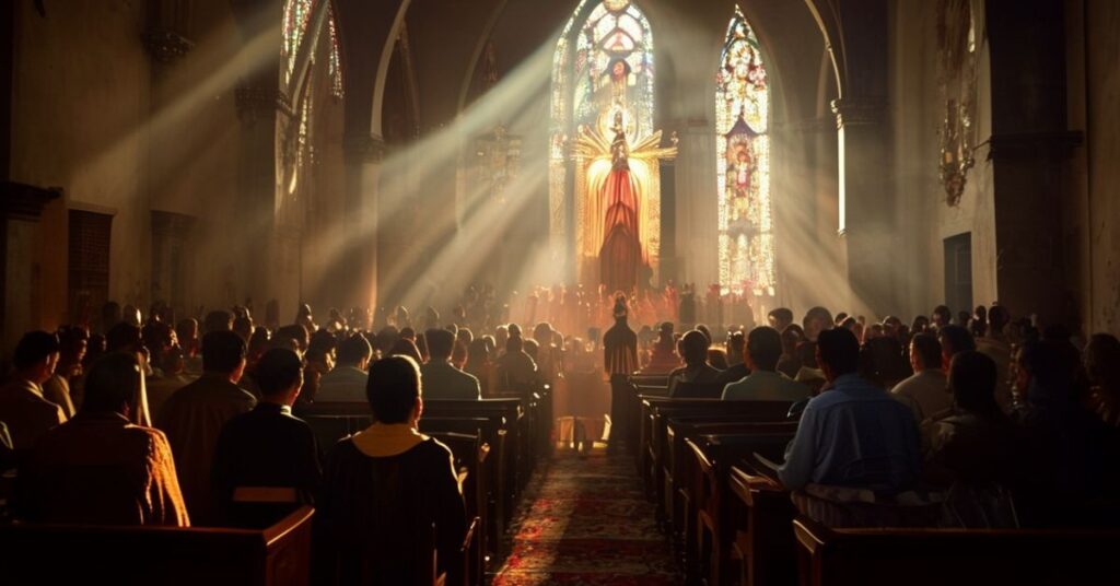 Wierni modlący się w tradycyjnym kościele katolickim przed Najświętszym Sercem Jezusa, z odniesieniem do kontrowersyjnego filmu 'Najświętsze Serce' oraz teologicznych błędów emocjonalizmu.