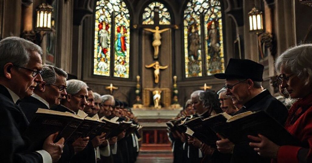 Zgromadzenie wiernych katolików w tradycyjnej kaplicy, wyrażających troskę o apostazję w Kościele