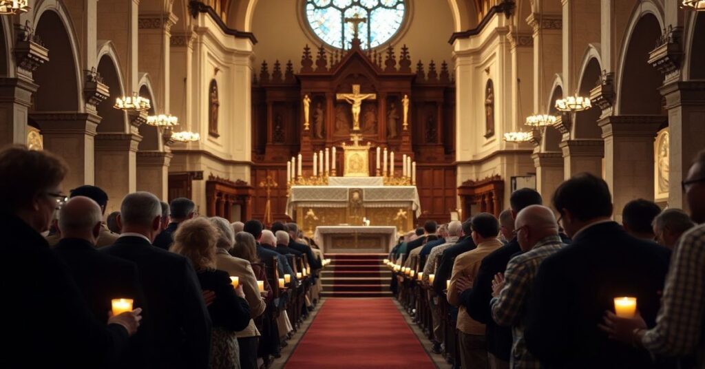 Tradycyjna msza święta w parafii katolickiej z udziałem wiernych modlących się przed ołtarzem