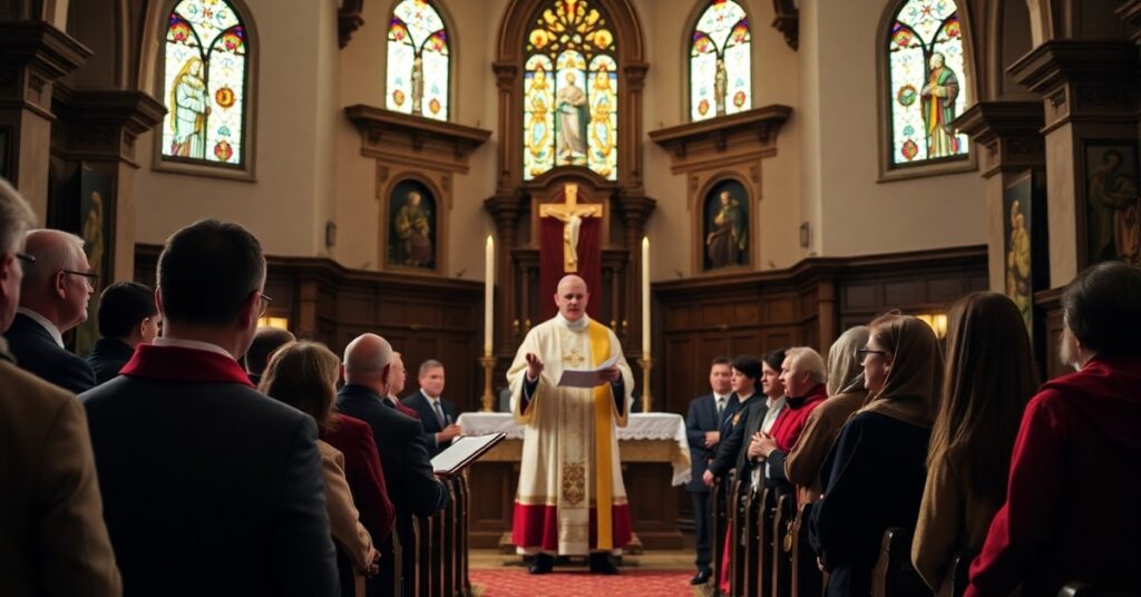 Sobór katolicki w tradycyjnym stylu z grupą wiernych słuchających biskupa w tradycyjnych szatach liturgicznych. Scena jest przestronna i pokójna.