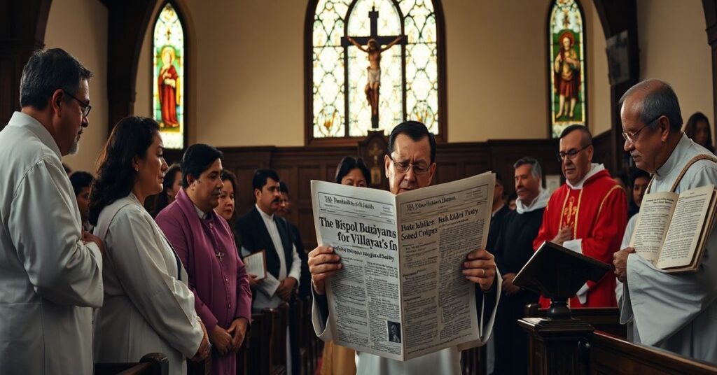 Grupa wiernych w kościele tradycyjnym czyta o herezji biskupa Cyrila Buhayana Villareala