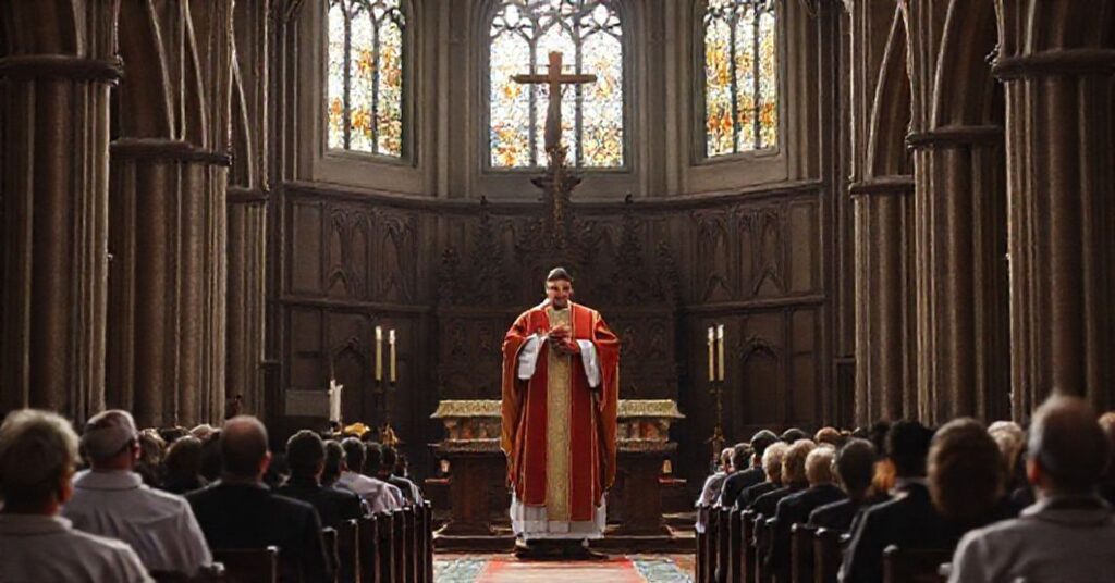 Wierni w tradycyjnej katedrze modlą się przed ołtarzem podczas uroczystej mszy świętej