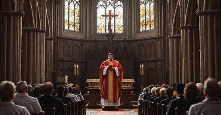 Wierni w tradycyjnej katedrze modlą się przed ołtarzem podczas uroczystej mszy świętej