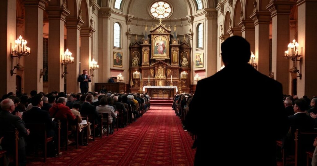 Wierni modlący się w tradycyjnym kościele, symbolizujący kontrast między sakralnym a świeckim światem