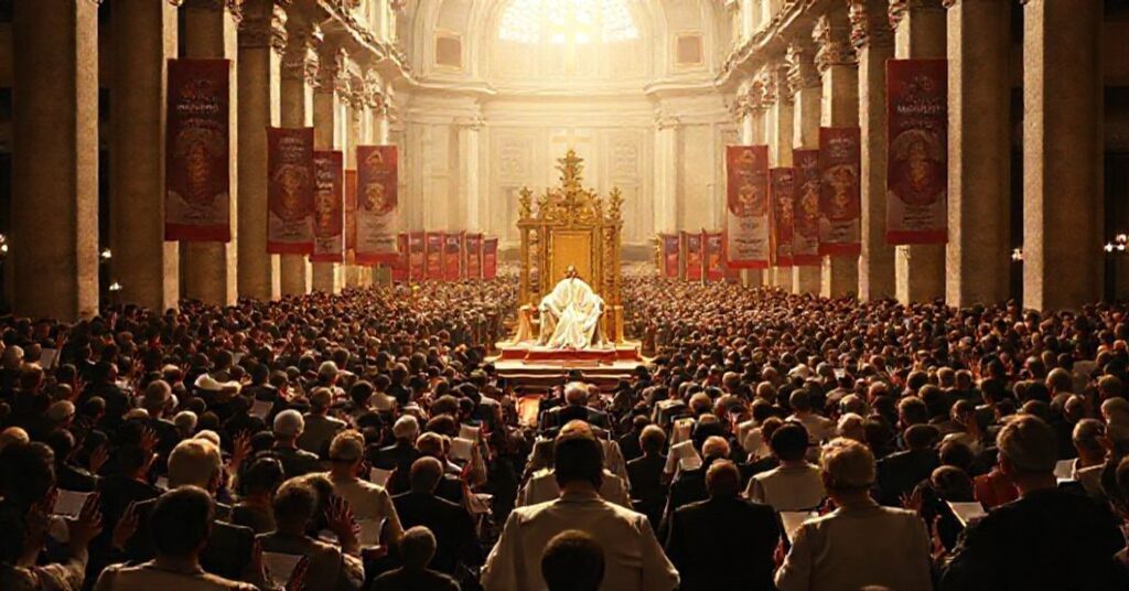 Grupa wiernych modlących się w tradycyjnym kościele katolickim z pustym tronem papieskim na tle