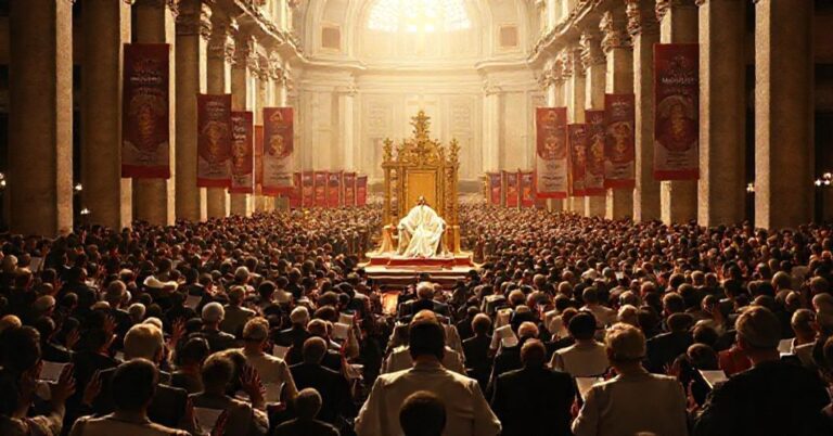 Grupa wiernych modlących się w tradycyjnym kościele katolickim z pustym tronem papieskim na tle