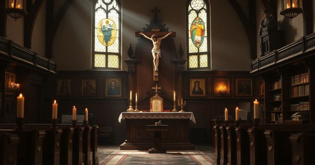 Tradycyjny kościelny wnętrze z krzyżem i ikonami podkreślające wierność wiary katolickiej w kontrast z współczesnym relitywizmem