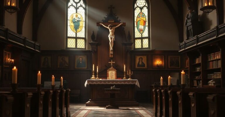 Tradycyjny kościelny wnętrze z krzyżem i ikonami podkreślające wierność wiary katolickiej w kontrast z współczesnym relitywizmem