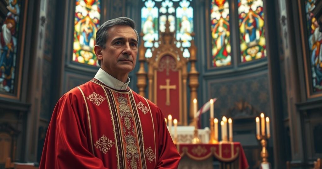 Zdjęcie realistycznego, religijnego kapłana w tradycyjnych szatach przy ołtarzu, ukazujące wierność katolickim wartościom i duchową powagę liturgii
