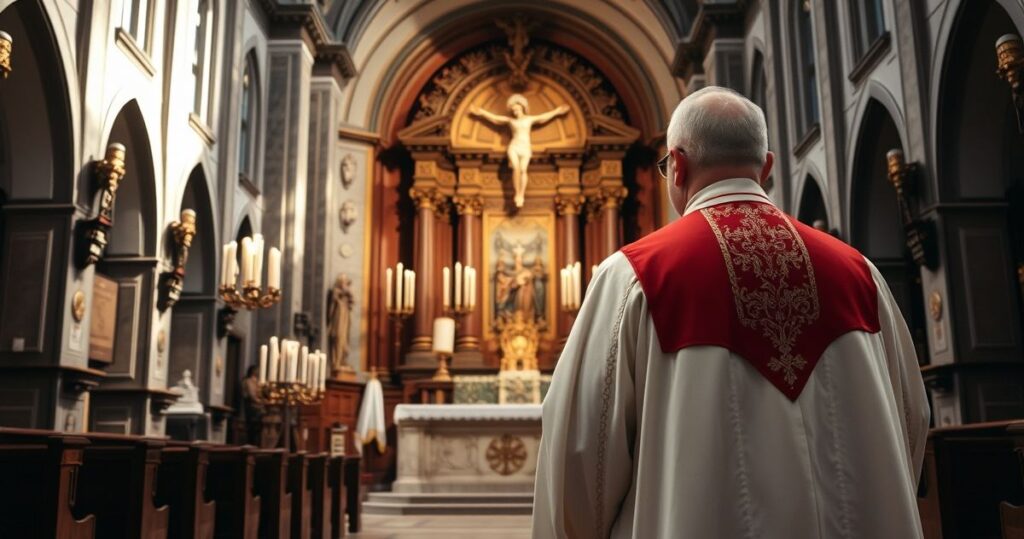 Reverentny katolicki kapłan w tradycyjnych szatach przy ołtarzu w historycznej świątyni, symbolizujący wierność prawdziwemu papieskiemu autorytetowi.
