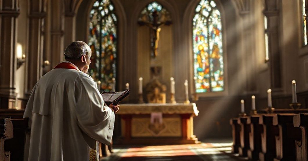 Tłumaczenie: Słoneczna i cicha wnętrza kościoła z tradycyjną architekturą i symbolami wiary katolickiej.