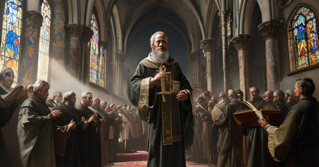 Tradycyjny katolicki ksiądz w historycznym kościele w Polsce z krzyżem i modlącymi się wiernymi.