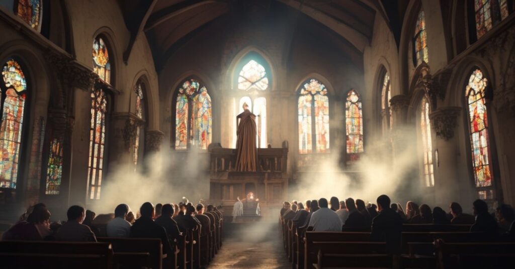 Ciemna wnętrza kościelne z tradycyjnymi witrażami rzucającymi przygaszone światło na statuę świętego. Skupieni w modlitwie wierni klękają, ich twarze odbijają rozmyślanie i smutek. ławki są zużyte z pokoleń czcicieli, a w powietrzu wisi zapach kadzidła. Uwaga skupiona jest na ołtarzu, gdzie pojedynczy świeca miga, symbolizując zanikające światło prawdziwej wiary wobec modernistycznych herezji.