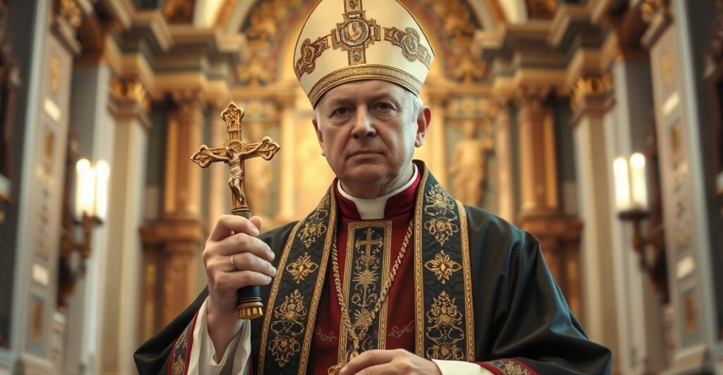 Rozmodlony katolicki biskup w tradycyjnych szatach, trzymający krucyfiks w świątyni, symbol prawdziwej wiary i sprzeciwu wobec modernistycznych zmian