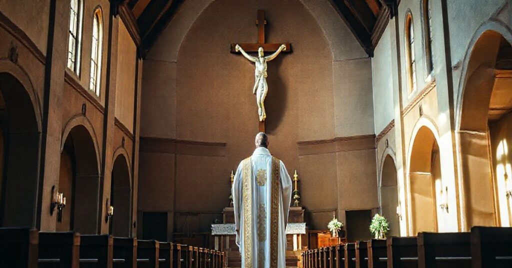 Szczegółowe zdjęcie katolickiego kościoła z kapłanem w tradycyjnych szatach, symbolizujące wierność prawdzie i sprzeciw wobec modernistycznych błędów