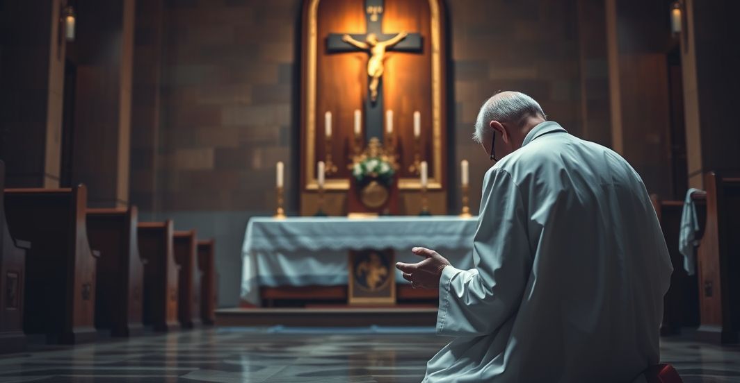 Rekreacja wiernego katolika podczas modlitwy w tradycyjnej świątyni Katolik w modlitewnym geście przed ołtarzem z krzyżem, pełen wiary i pokory, w tradycyjnym stroju, w spokojnej, sakralnej atmosferze