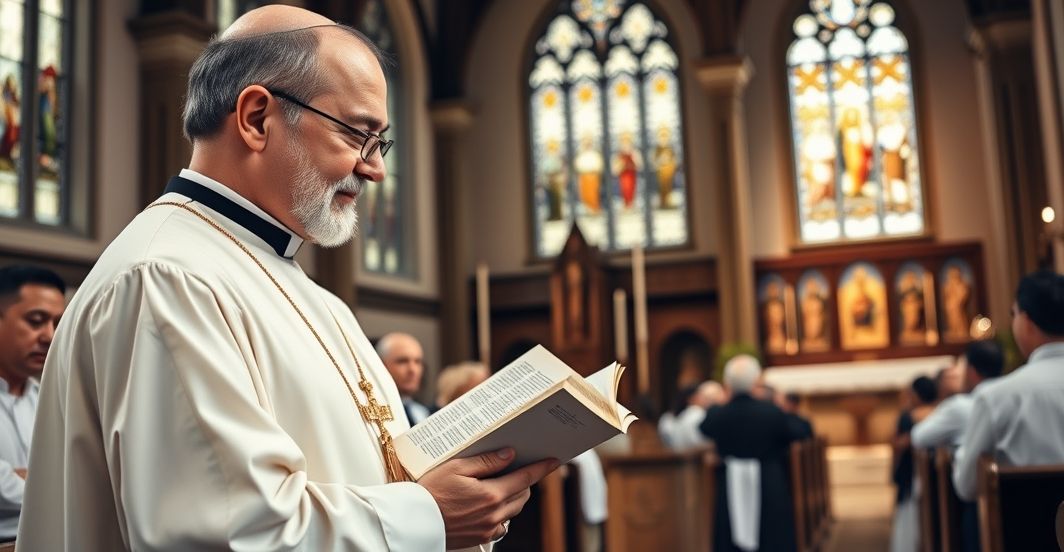 Wierny Kościołowi katolickiemu w obliczu ekumenicznego zamętu Rewersyjne, pełne szacunku wnętrze kościoła katolickiego z kapłanem w tradycyjnych szatach podczas modlitwy, podkreślające wierność naukom Kościoła i krytykę ekumenizmu