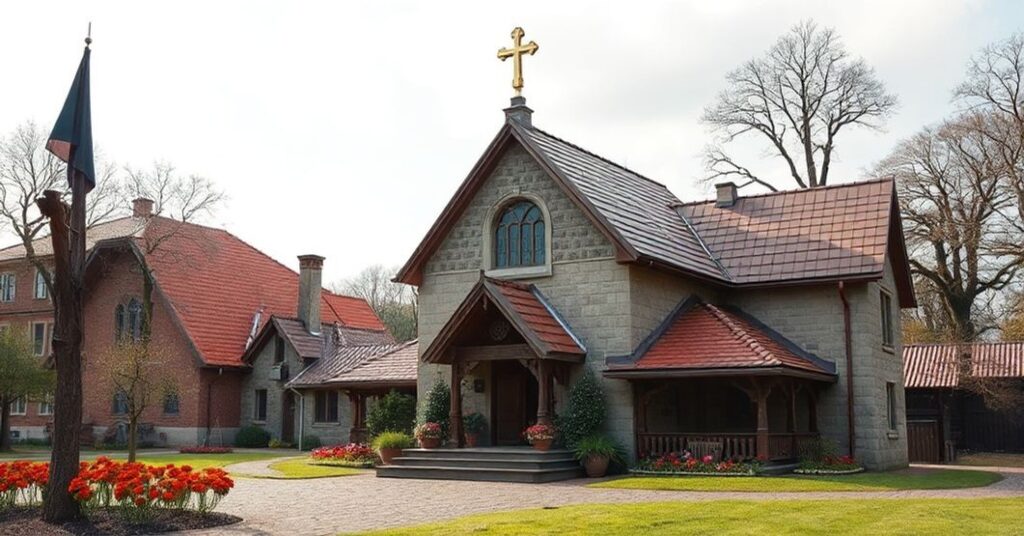 Wierny katolik modli się przed drewnianym krzyżem w ciemnym kościele.